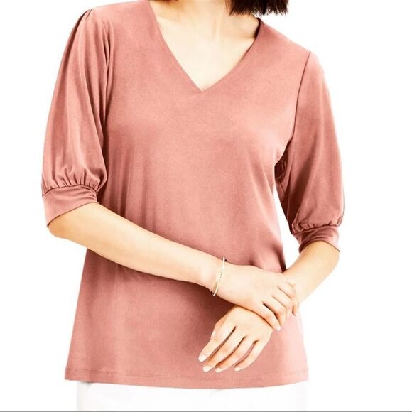 JM Collection Puff Sleeves Tee Shirt Top V-Neck Stretchy Pink Sunstone Small‎ - Picture 1 of 11